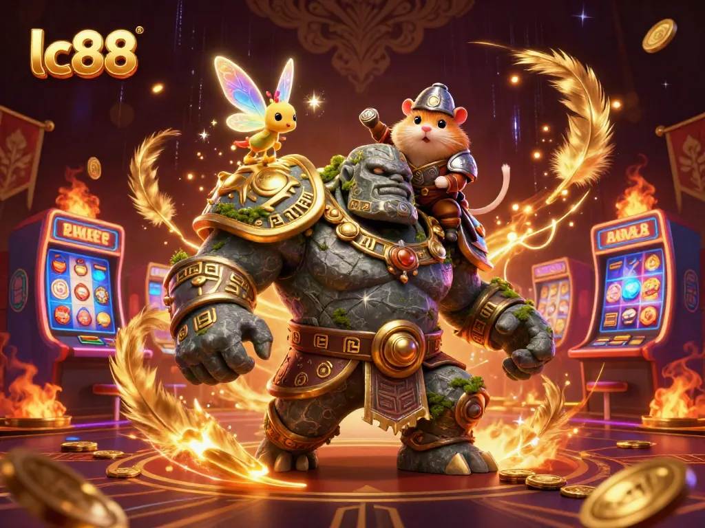 Engage in exciting gameplay with lc88 featuring an ancient golem and friends in a vibrant casino.