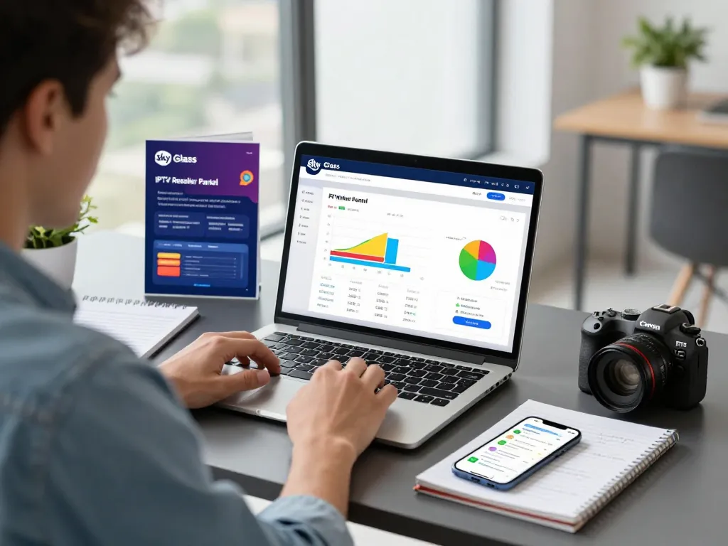 Entrepreneur managing Sky Glass IPTV Reseller Panel in a vibrant workspace with streaming statistics.