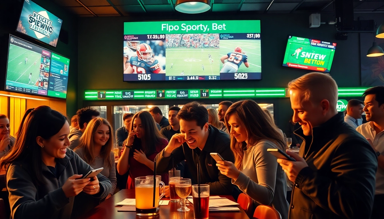 Betting enthusiasts cheering at a sports bar, highlighting the energy of https://ii69vn.com/.
