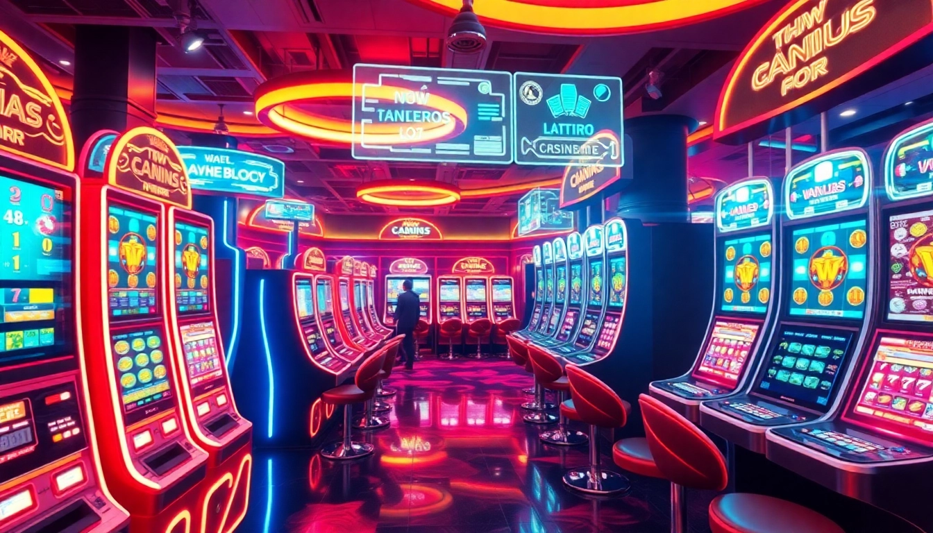 Engaging scene of players enjoying New Technology at futuristic digital slot machines.