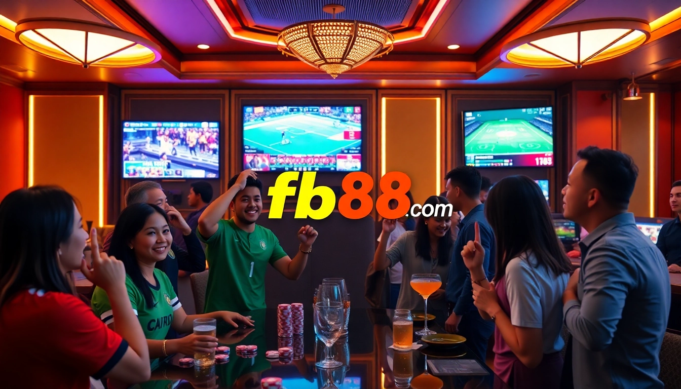 Interactive scene depicting users enjoying the excitement of betting on fb88.com, showcasing live sports and casino games.