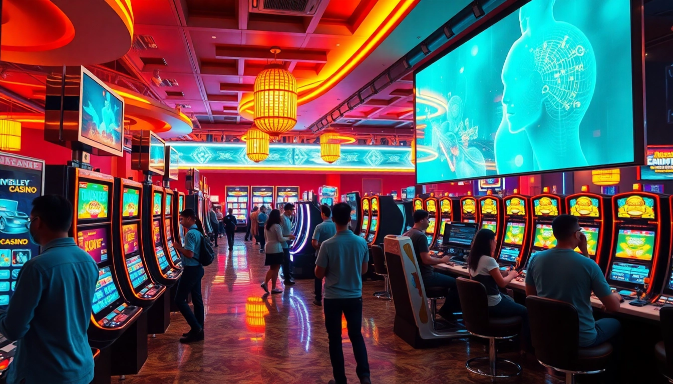 Explore the latest New Technology innovations in gaming with high-tech machines in a vibrant casino atmosphere.