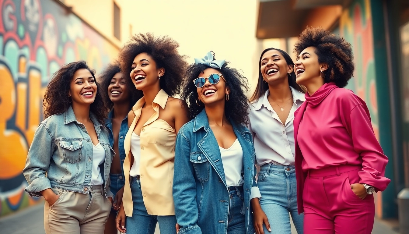Women fashion styles highlighted in a vibrant urban setting with diverse models showcasing trendy outfits.