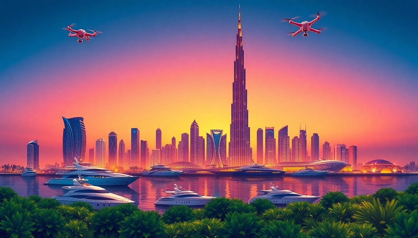 Experience Travel to Dubai with a stunning view of the skyline featuring the Burj Khalifa at sunset.