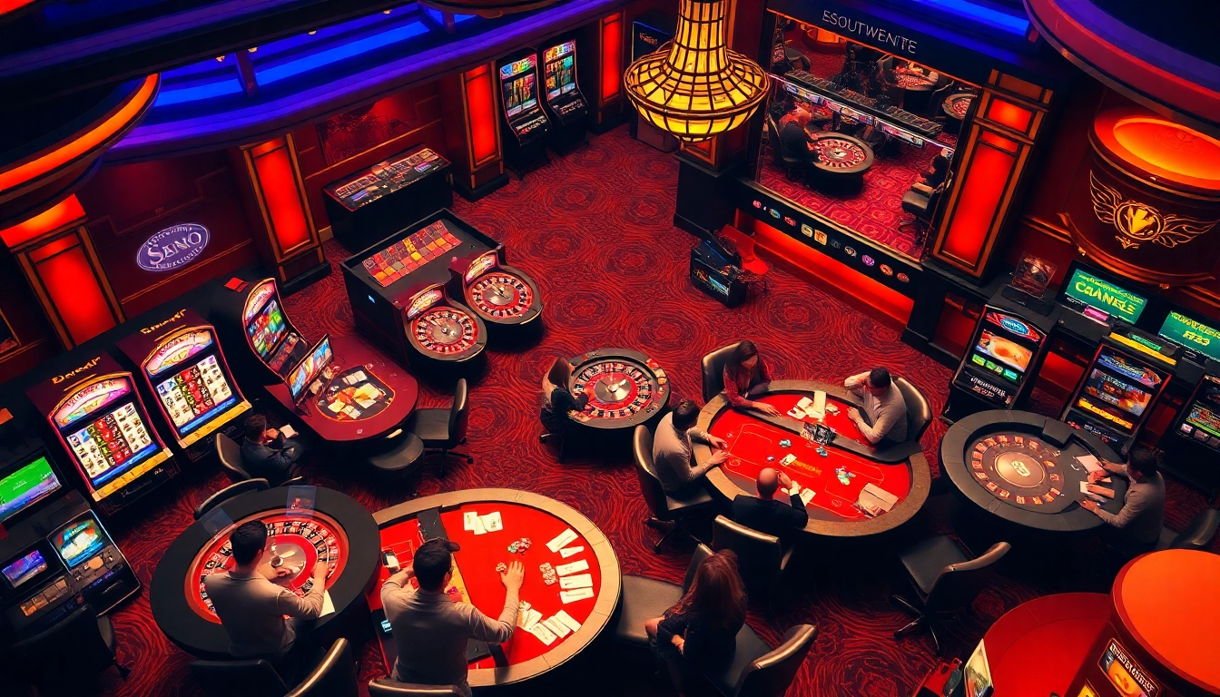 Players at fb88.com enjoying thrilling casino games with poker chips and slot machines in a vibrant atmosphere.