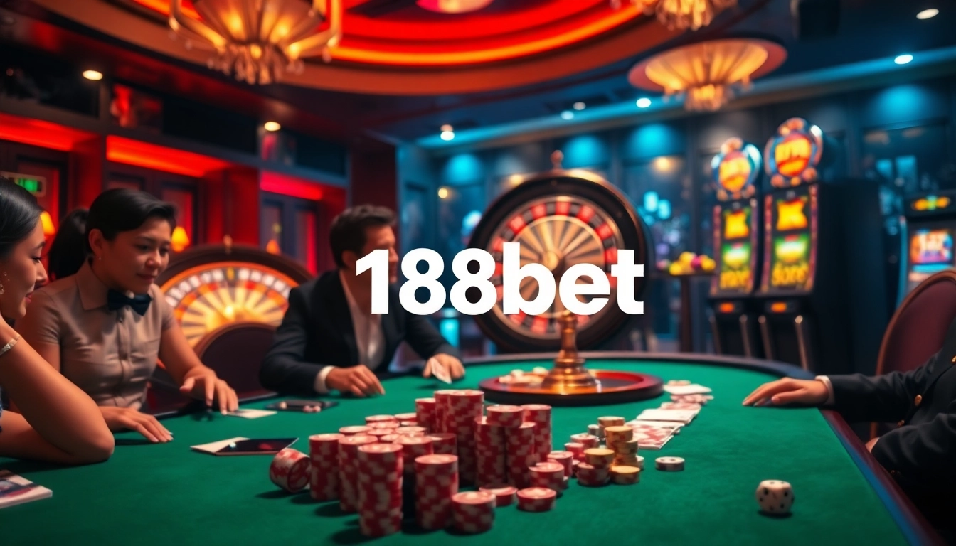 Experience the thrill of winning with the 188bet link in a bustling casino scene featuring poker tables and roulette wheels.