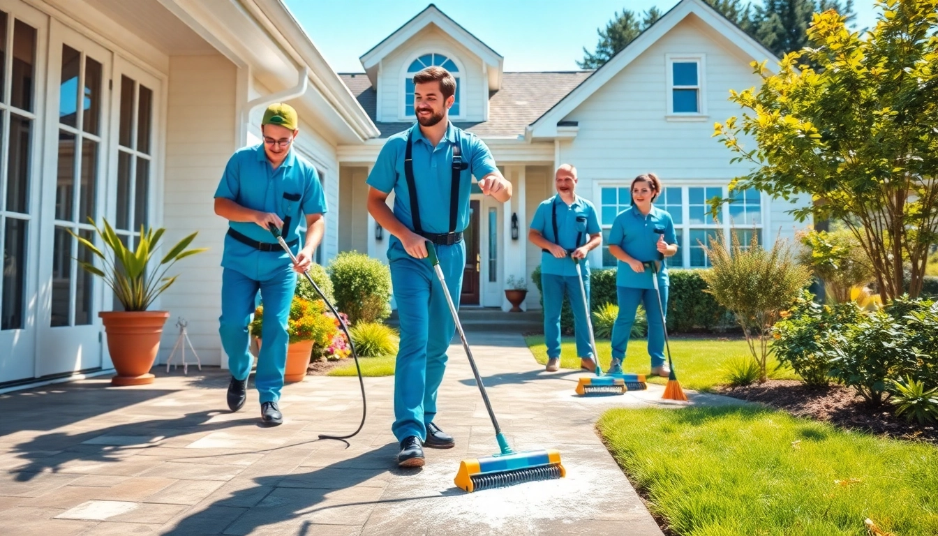 Skilled team performing exterior cleaning services on a bright sunny day.