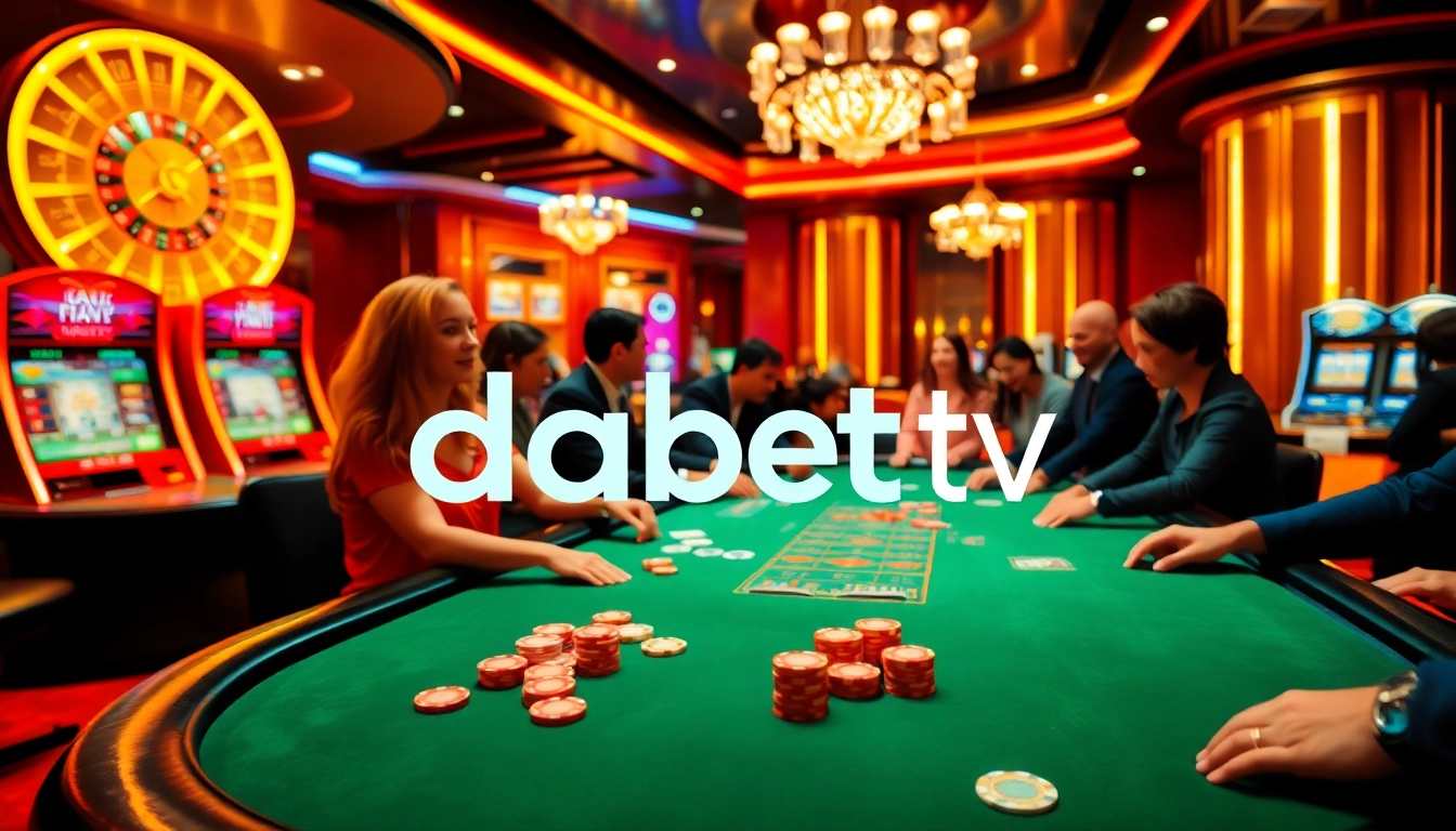 Players gather around a poker table at a vibrant casino, celebrating their experience with dabet tv.