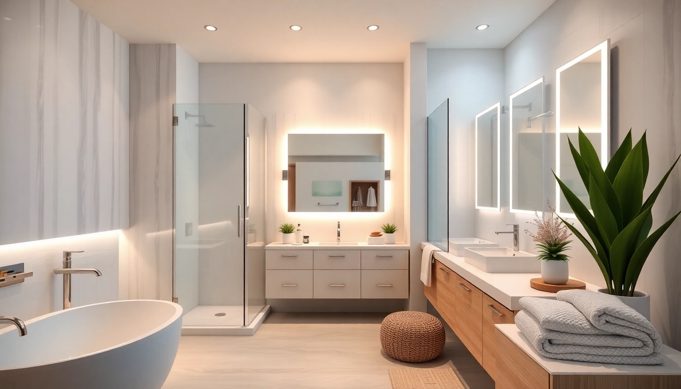 A beautifully remodeled bathroom featuring modern fixtures and natural elements in a serene color palette.
