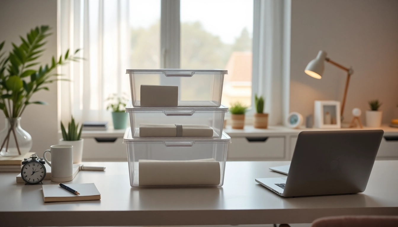 Organize your workspace with a transparent plastic storage box showcasing office supplies.
