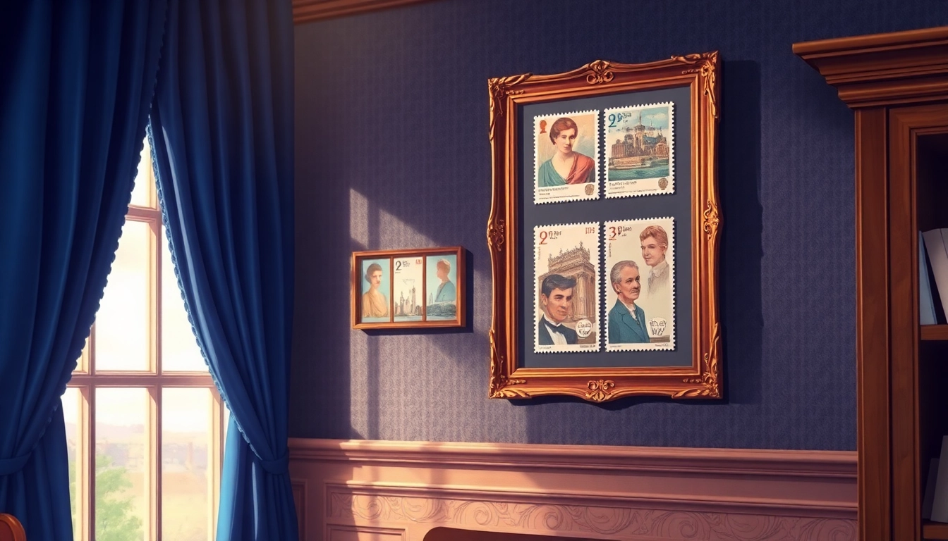 Showcase unique royal mail stamps elegantly framed against luxurious velvet for a nostalgic touch.