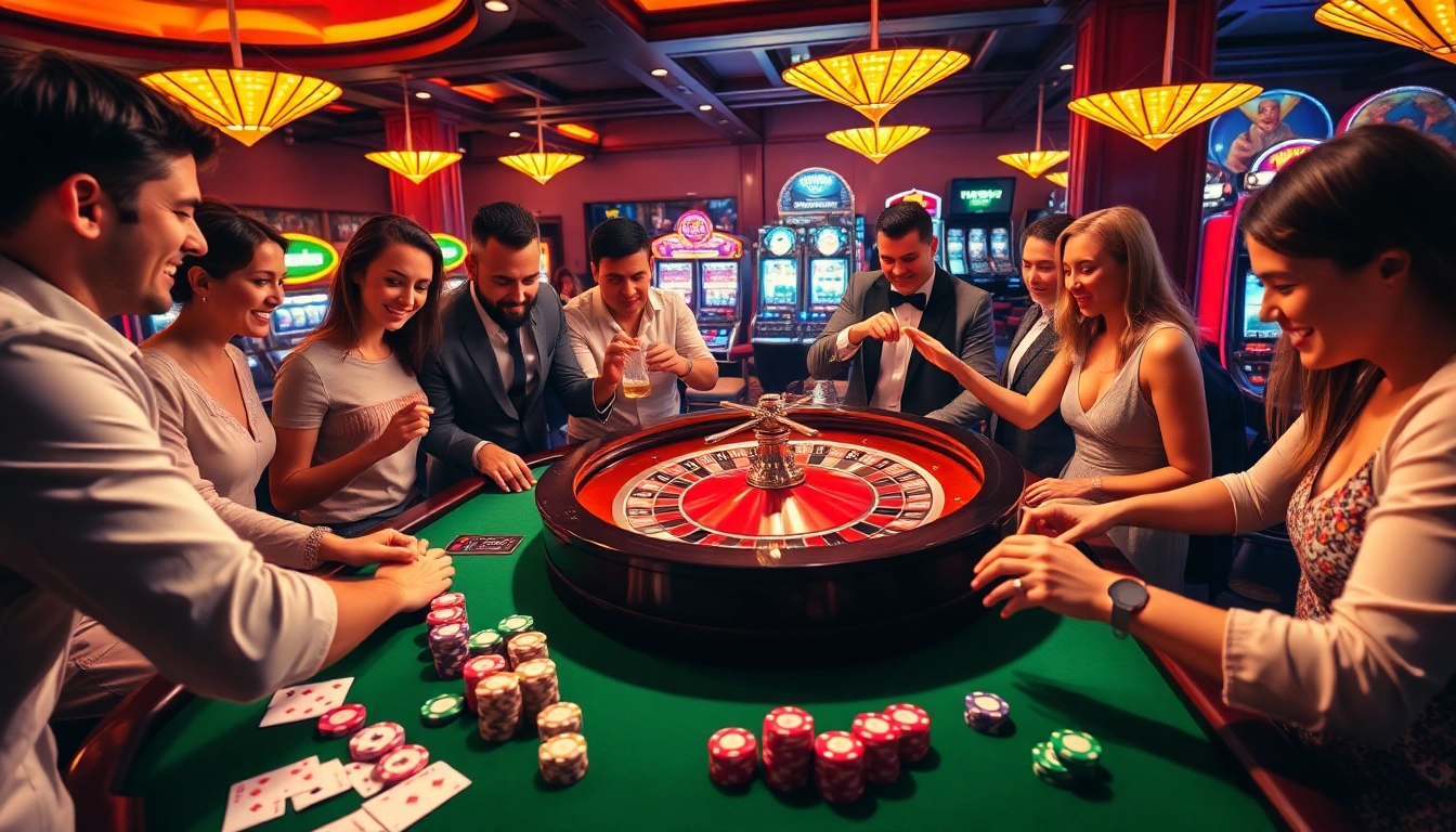 Winsly Casino features players excitedly engaging around a roulette table with vibrant chips and cards.