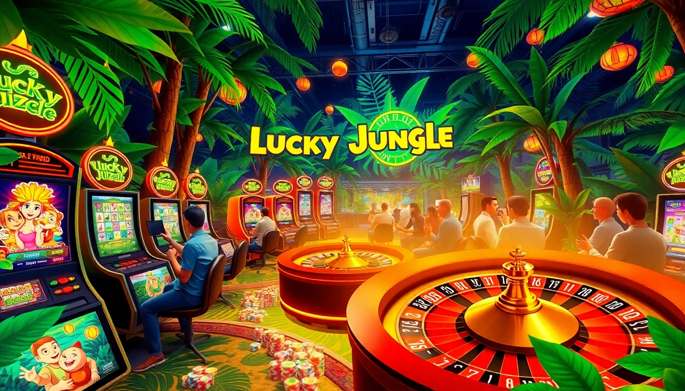 Players enjoying the thrilling Lucky Jungle online casino experience with vibrant slot machines and roulette.
