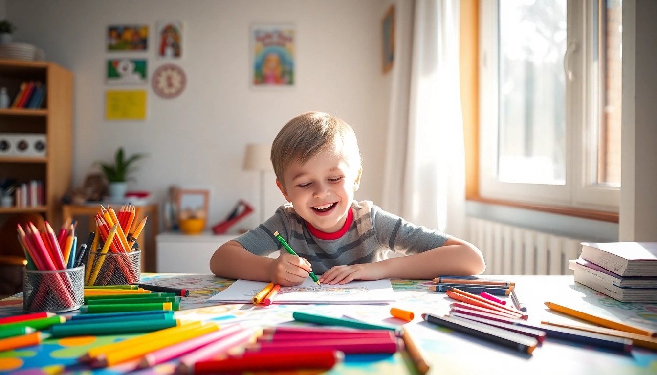 Child joyfully creating colorful art with kids colouring pencils on a bright table.