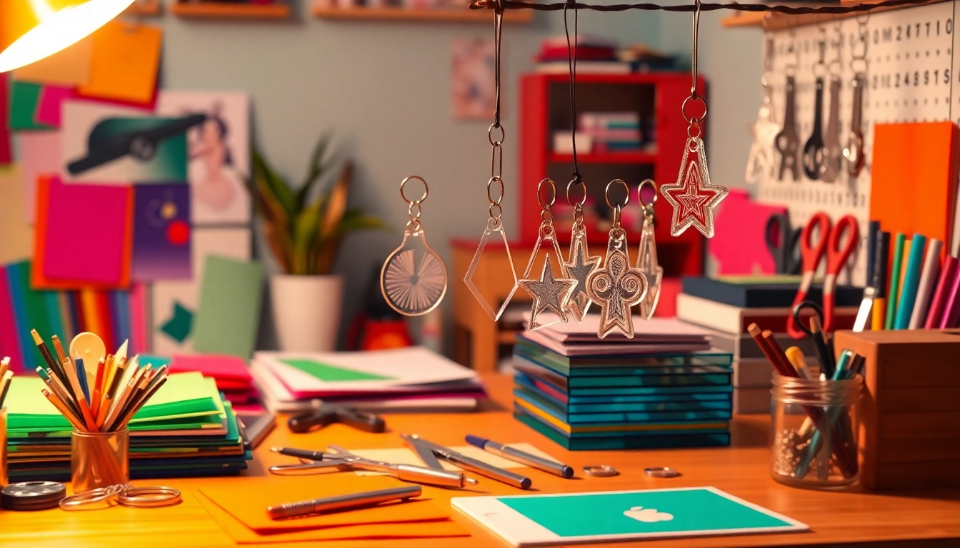 An acrylic keychain maker showcases colorful, custom-crafted clear keychains on a vibrant desk.