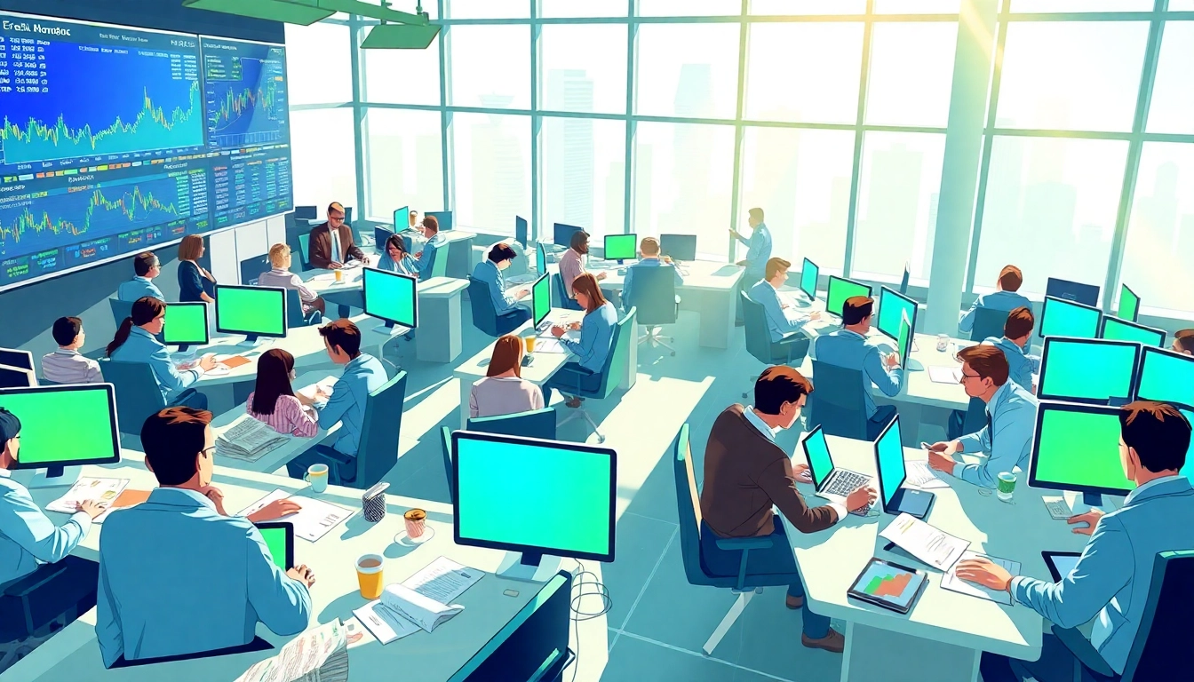 Traders engaged in pre marketing trading with vibrant market visuals and energy.