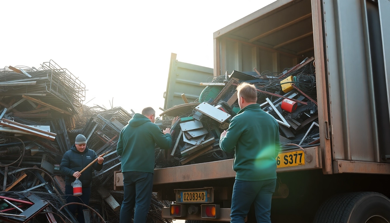 Team of Schrotthändler Wuppertal professionally loading scrap metal into a truck for recycling services.