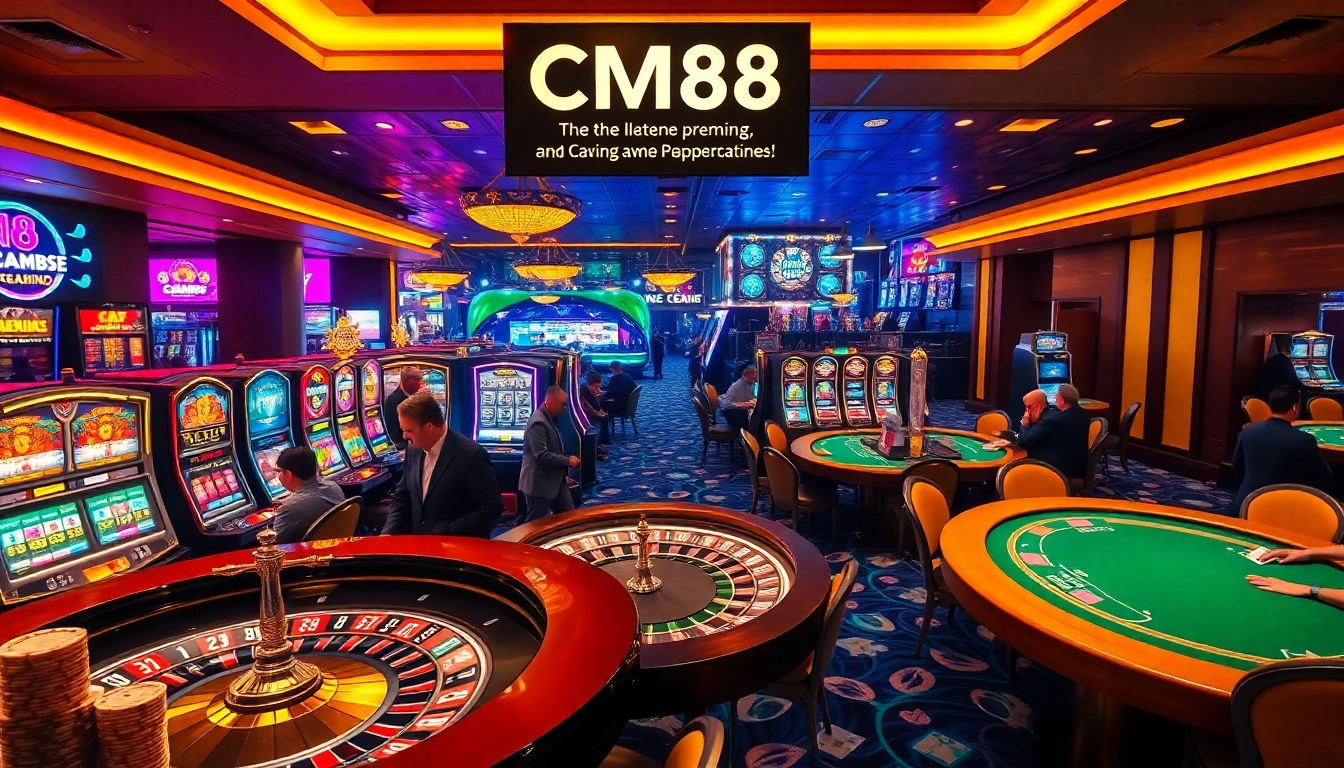 Exciting casino scene featuring CM88 branding on a vibrant neon-lit entrance, showcasing roulette and poker activities.