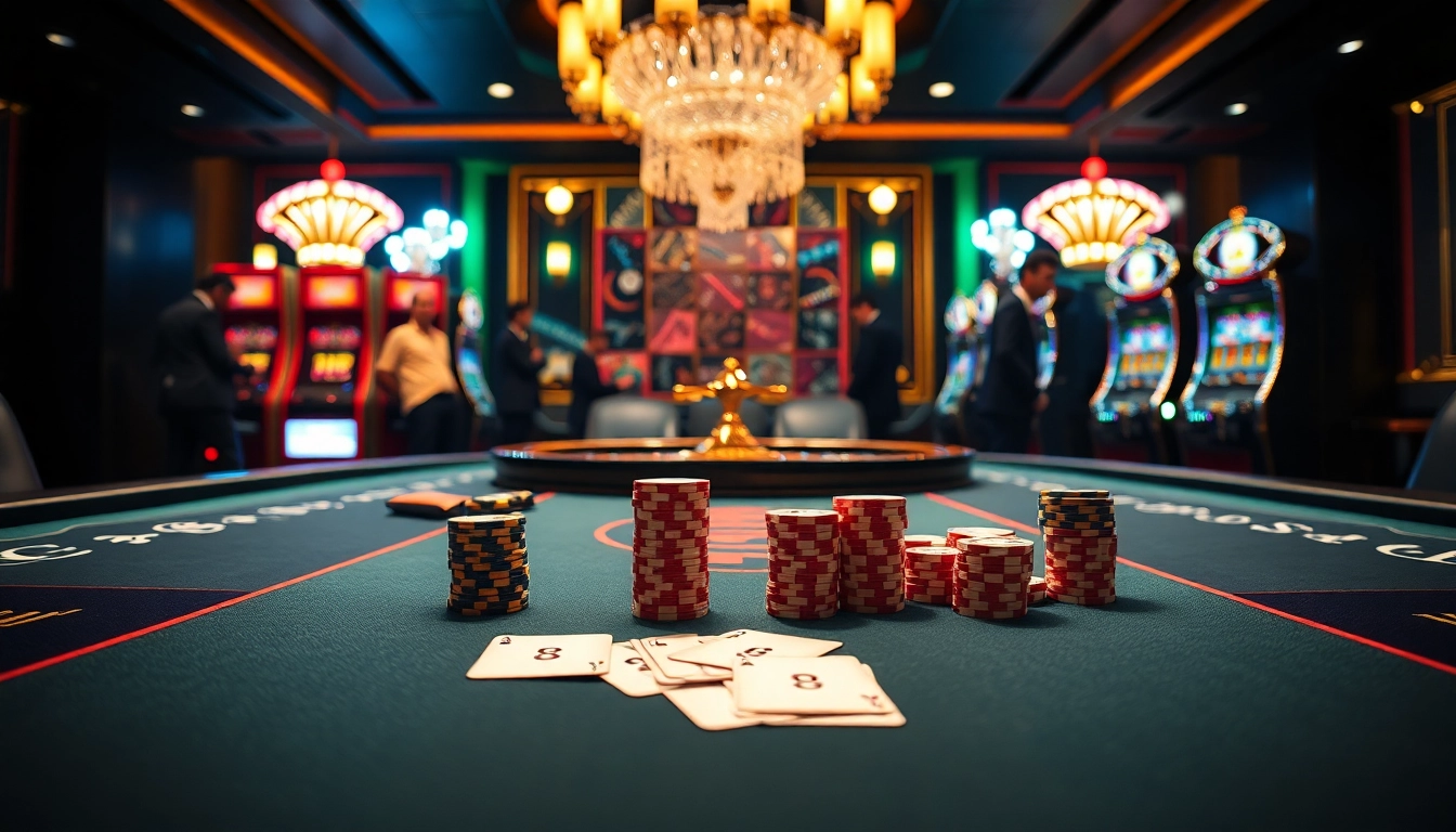 Participants enjoy intense games at UU 88 themed poker table, showcasing excitement in a luxurious casino.