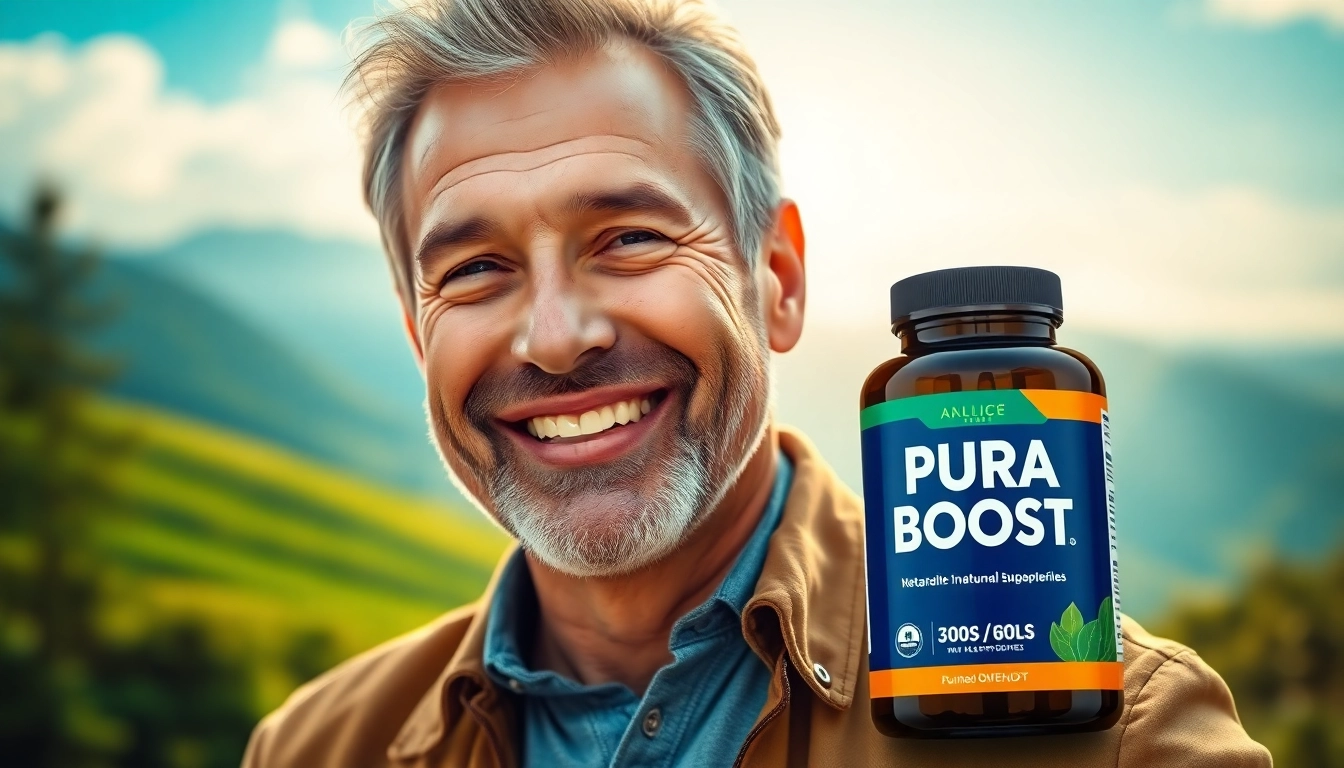 Puraboost bottle next to a smiling man symbolizing energy and vitality.