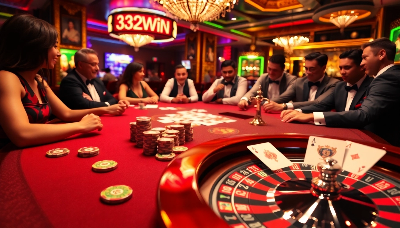 Players enjoying thrills at https://32win.cool/ poker table with vibrant chips and classy cards.