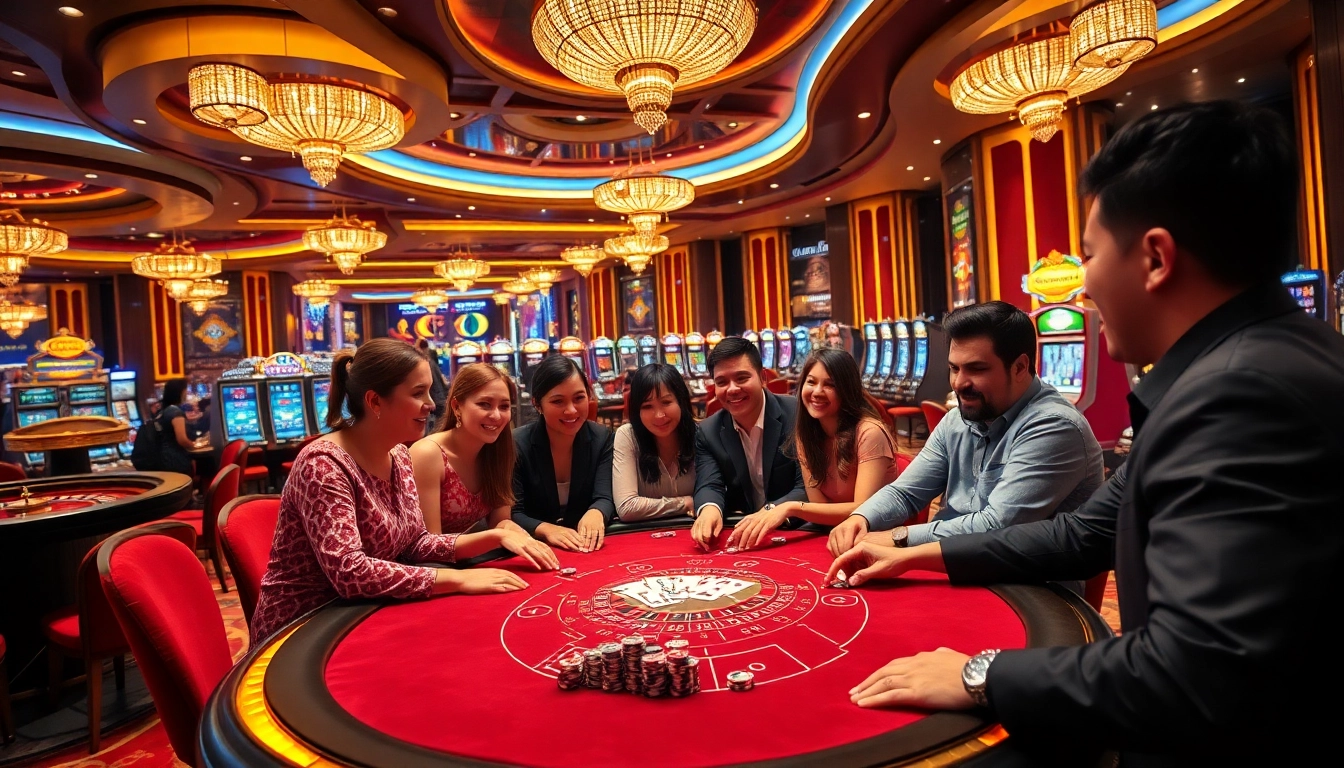 Excited players enjoying a vibrant casino experience at MM88's luxurious gaming tables.
