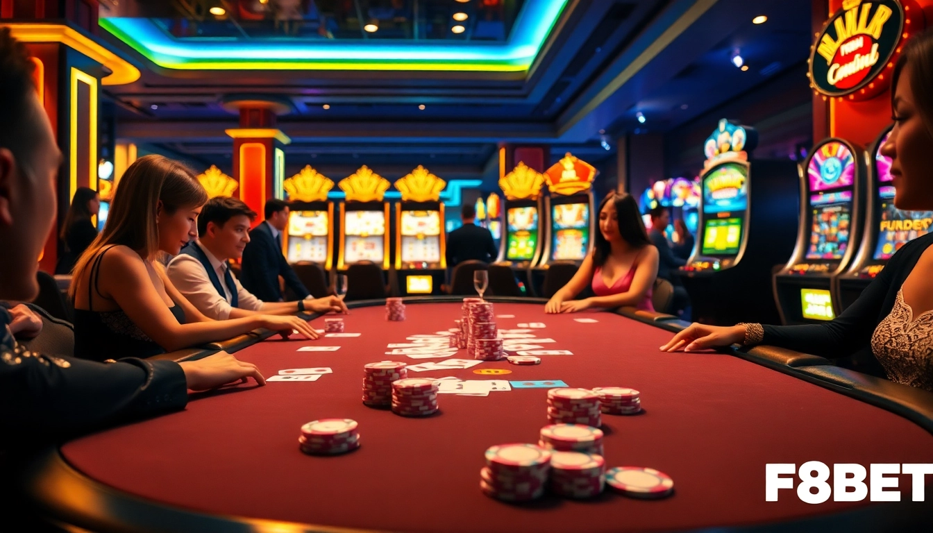 Players enjoying poker at Nhà cái F8BET's luxurious casino table with vibrant chips.