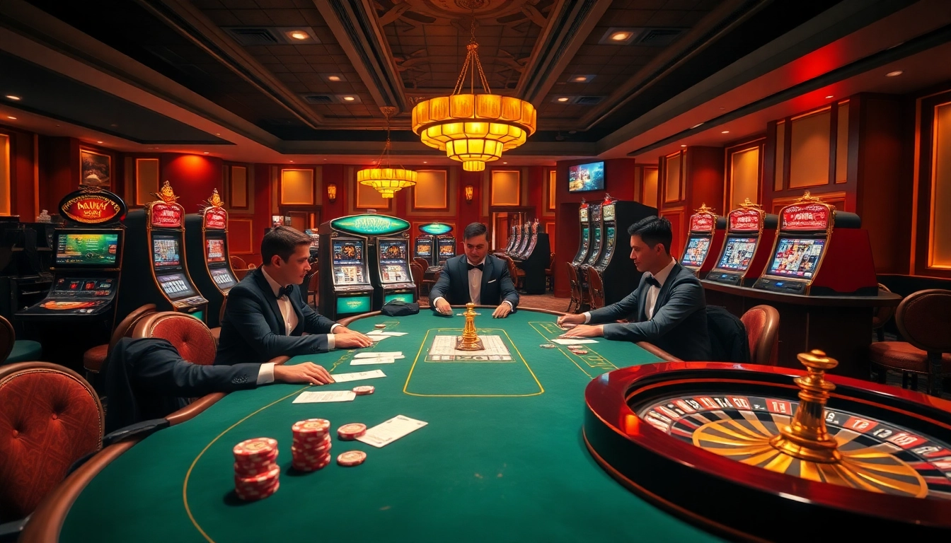 Players enjoying a high-stakes poker game at a glamorous s8 casino, surrounded by slot machines and roulette.