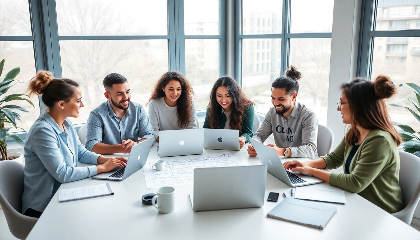 Collaborative bloggers in a modern workspace discussing content strategies for blogapp.blog.