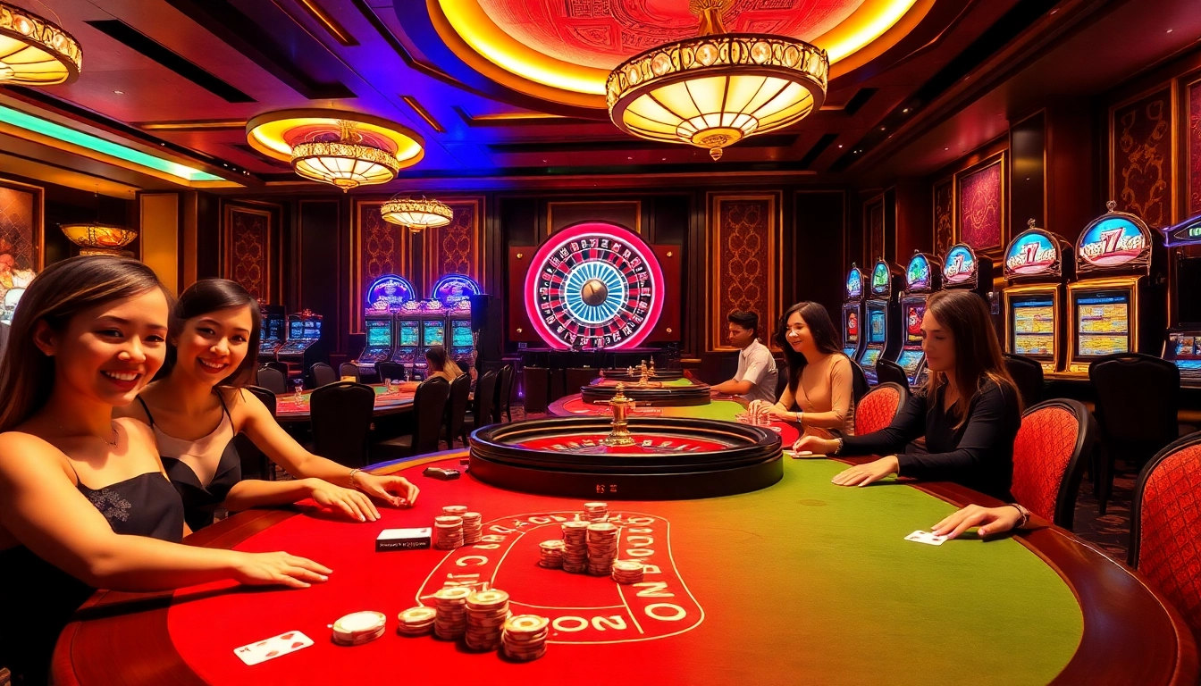 Players enjoying games at a glamorous casino featuring Trang Chủ QQ88's vibrant atmosphere.