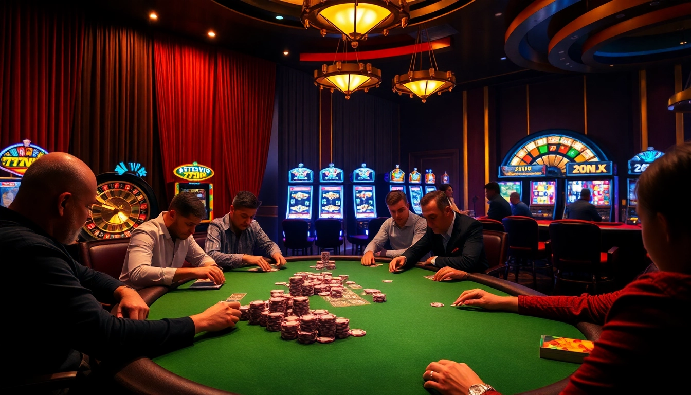 Players enjoying an exciting poker game at the 777VIP casino with vibrant slot machines and roulette in the background.