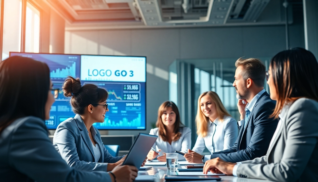 Team discussing logo go3 fiyatı in a modern office setting with digital displays.