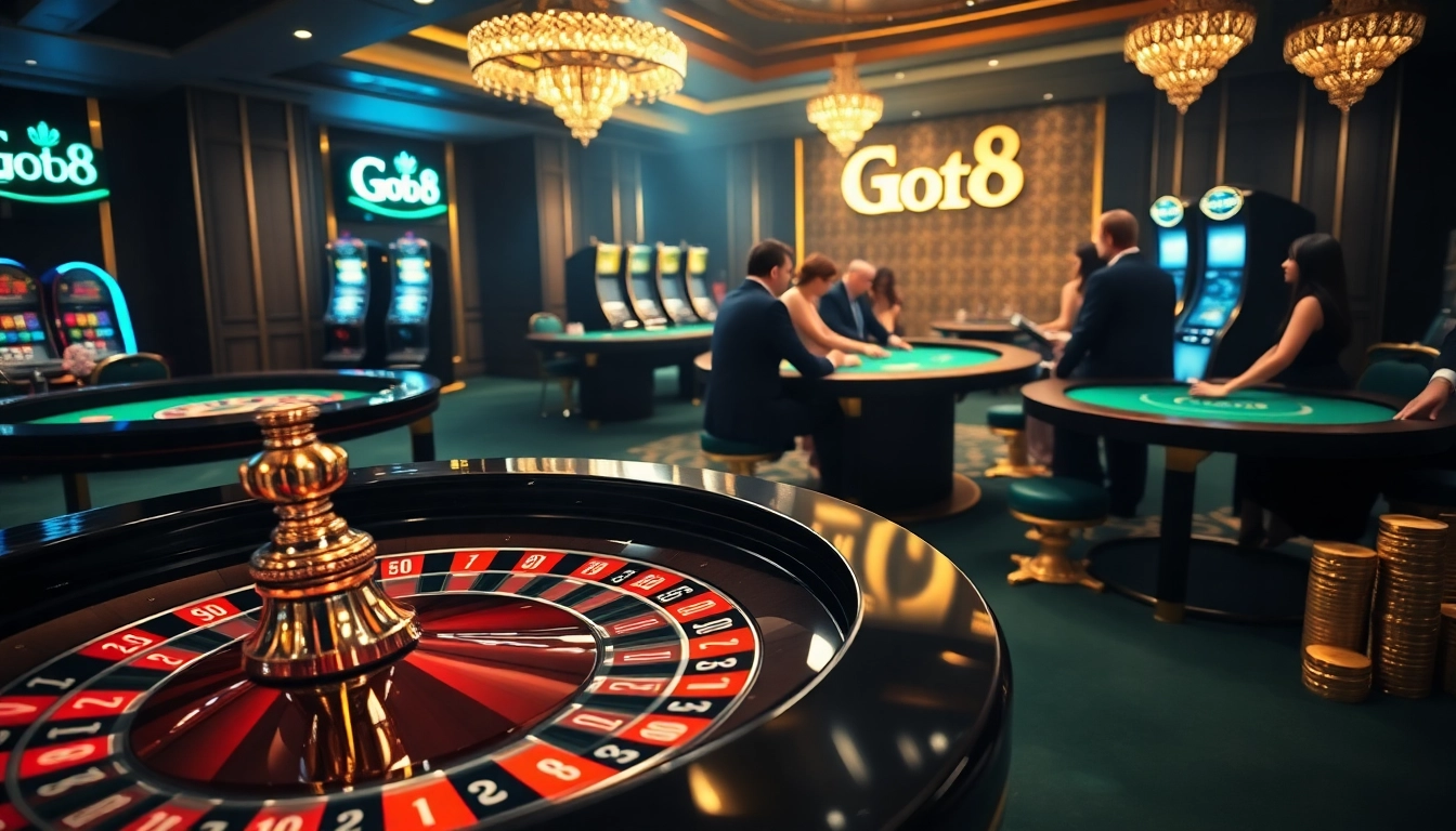 Players enjoying Go8 casino games at a luxurious gambling table, illustrating excitement and professionalism.