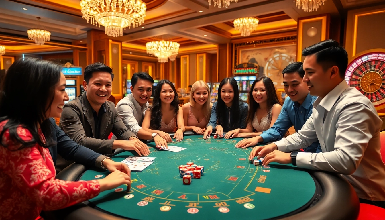 Exciting Sky88 tài xỉu gaming experience with colorful chips and engaging players in a luxurious casino.