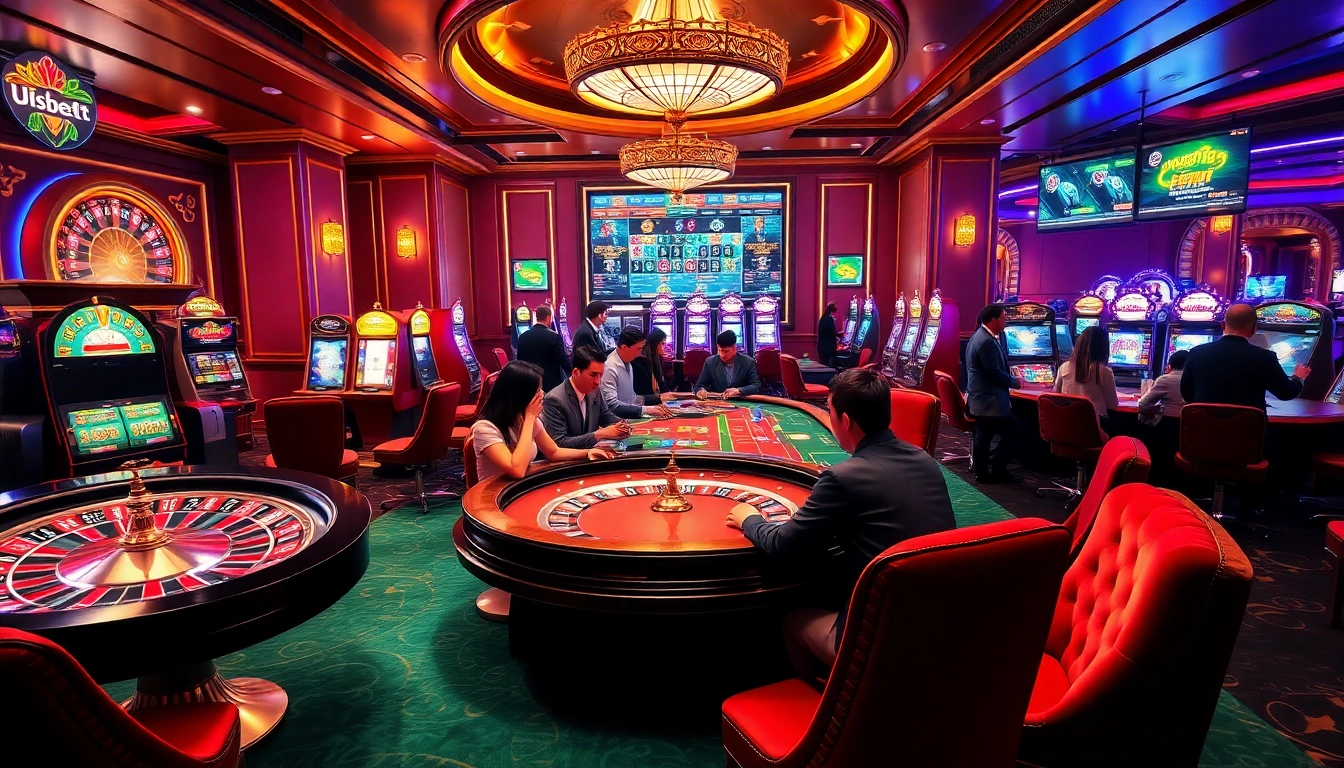 Experience the excitement at nhà cái usbet with gamblers at the roulette table and vibrant slot machines.