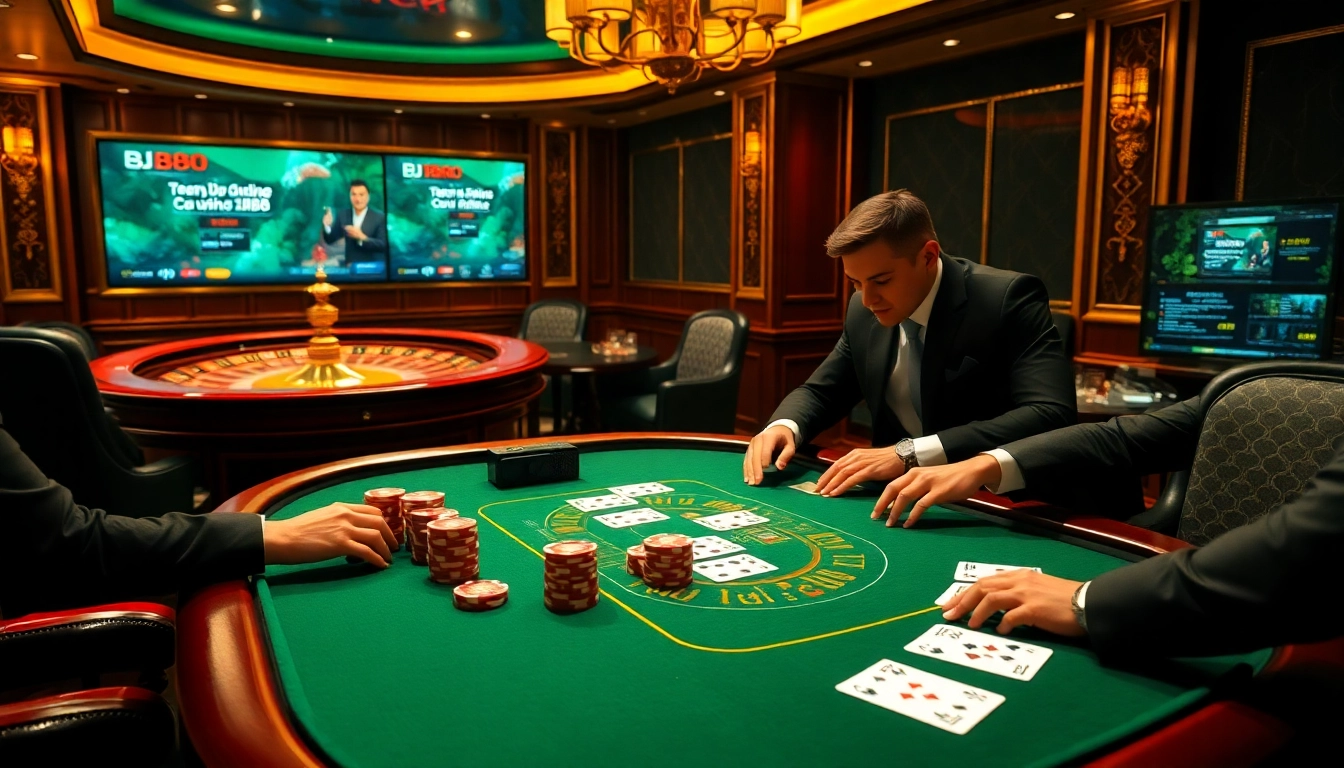 Experience the excitement of Trang Chủ BJ88 with players at a luxurious casino table, showcasing poker chips and cards.
