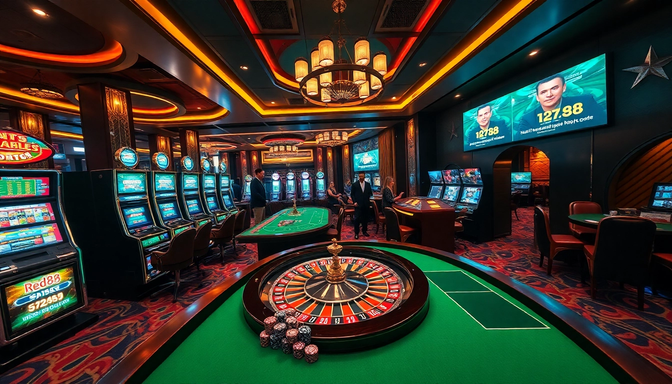 Experience the excitement and luxury of red88 đăng nhập at an upscale casino with vibrant slot machines and a roulette wheel.