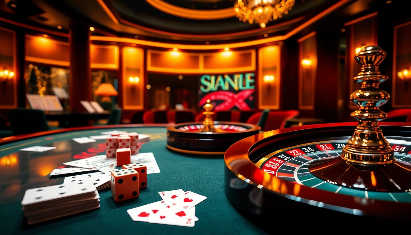 Experience the thrill of gambling at https://xx88.promo/ with a vibrant casino scene, including tables, cards, and roulette wheels.