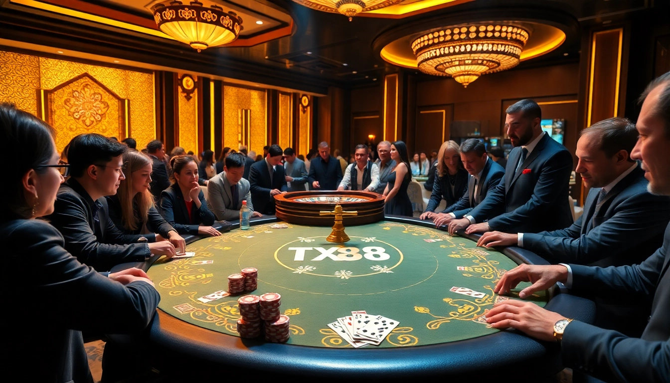 TX88 poker table with players, engaging in a professional casino atmosphere.