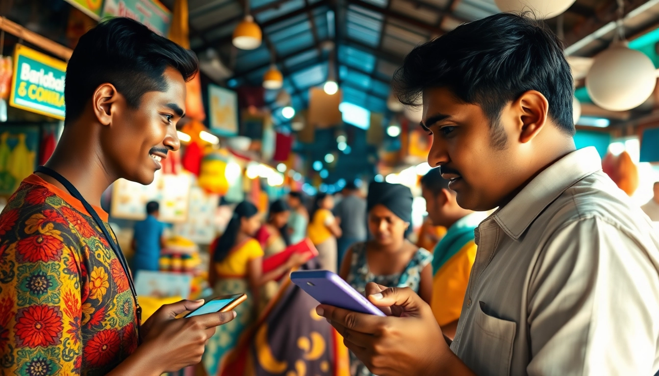 Lanka Ad platform showcasing a lively Sri Lankan marketplace with digital ads on smartphones.