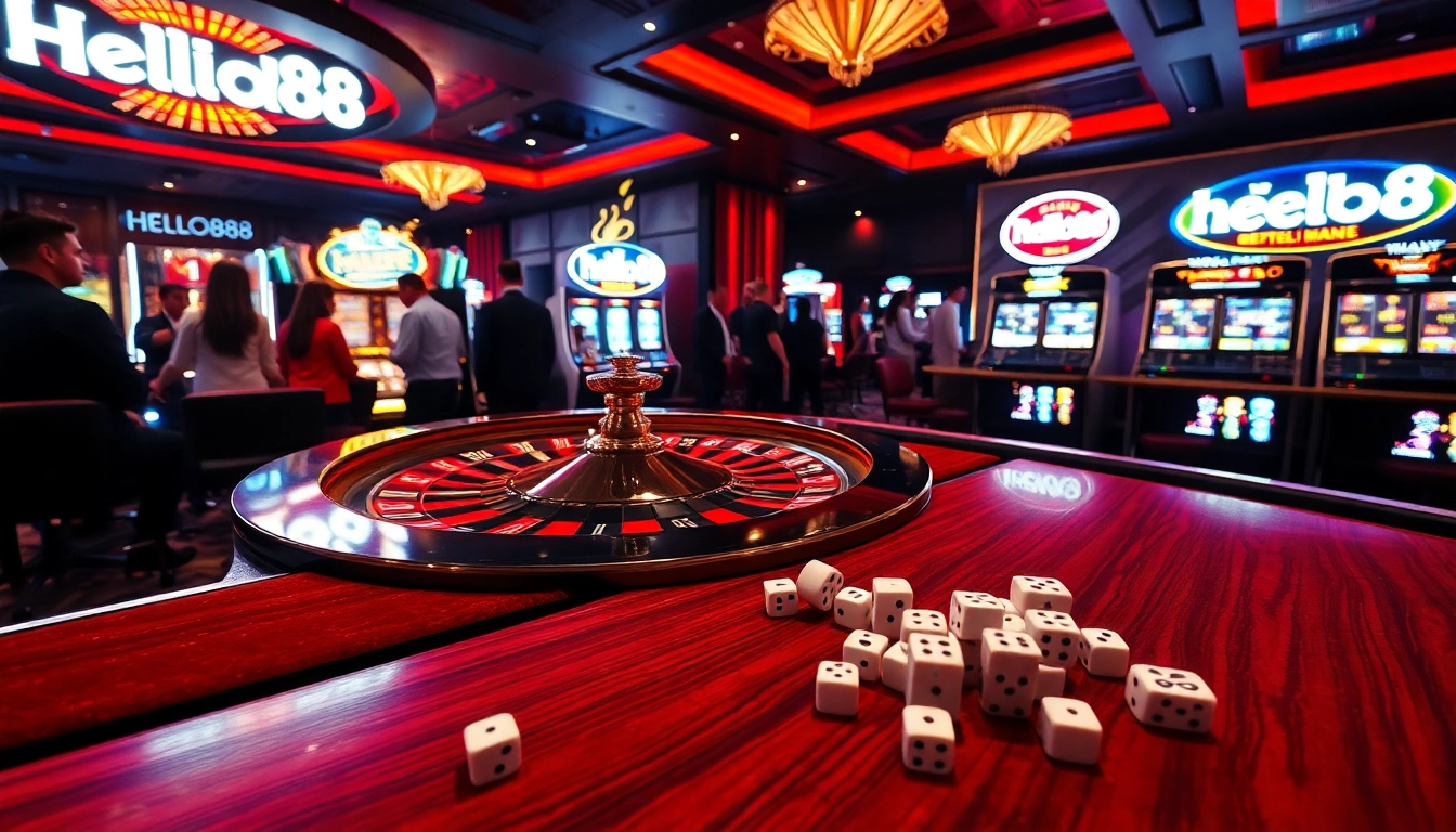 Hello88 casino scene with roulette and slot machines, showcasing excitement and luxury.