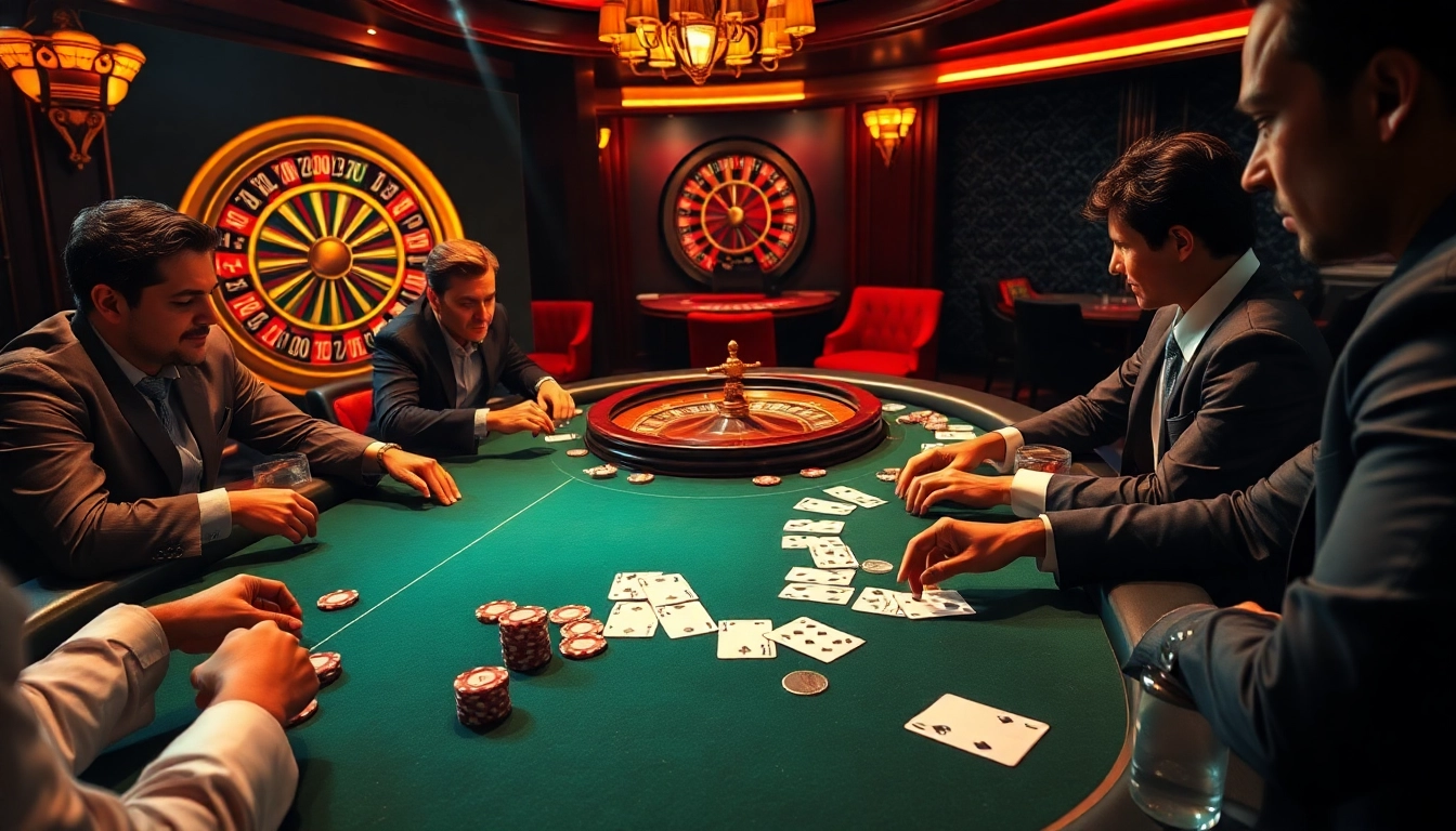 Engaged players strategizing poker at ok8386a.com's luxurious casino scene.