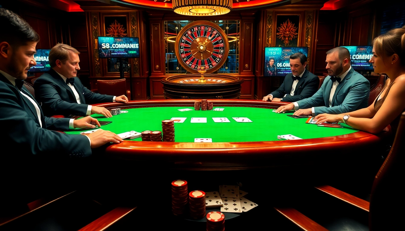 Players engaging in a professional poker game at a luxurious casino table, with s8.com betting displays enhancing the thrill.