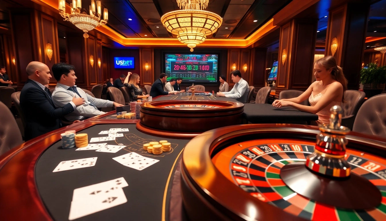 Engaging scene of high-stakes gambling at nhà cái usbet casino with vibrant roulette and blackjack.
