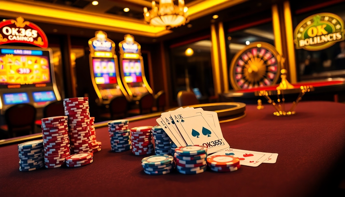 Experience the excitement of OK365 with vibrant casino elements like poker chips and cards.