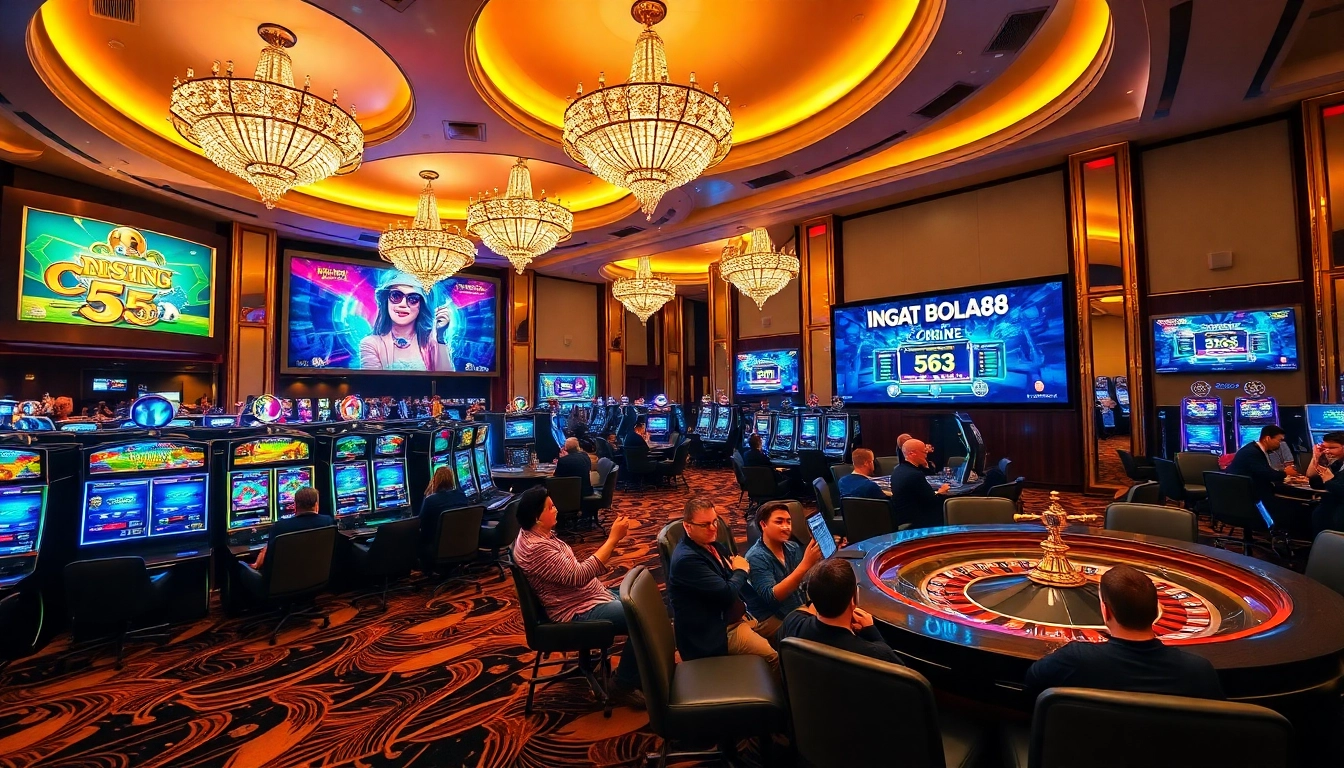 Engaging scene of ingat bola88 players enjoying luxury casino gaming with colorful slots and cards.