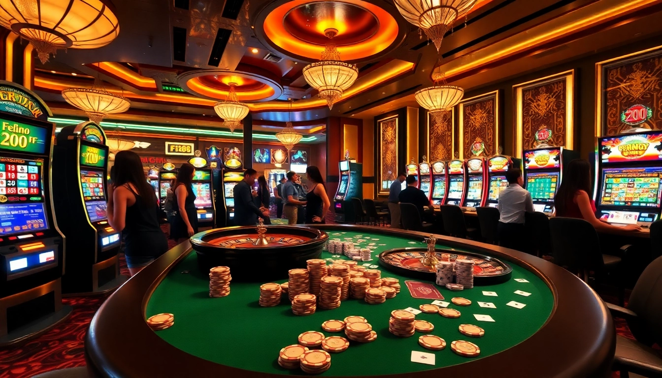 Experience excitement at F168 with vibrant casino tables, roulette wheels, and flashing slot machines.