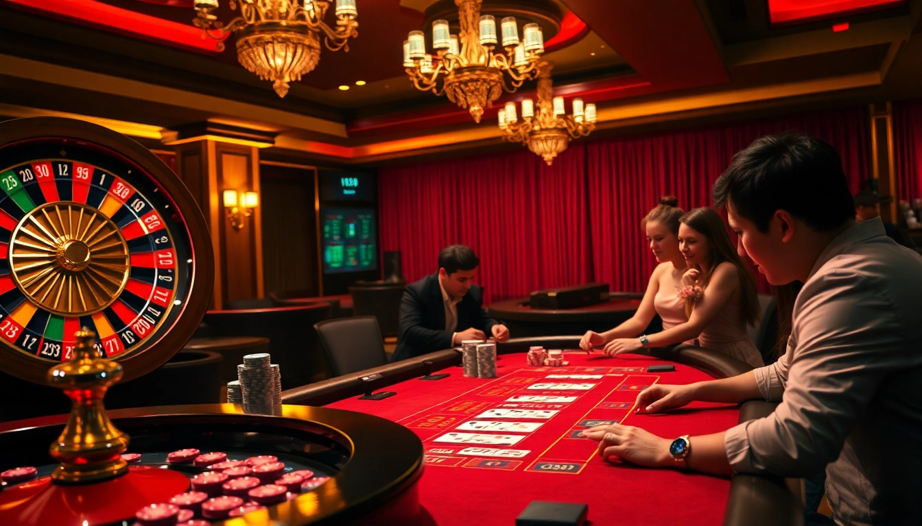 Experience thrilling action at https://f168.us/ with vibrant casino tables and excited players engaged in gaming.