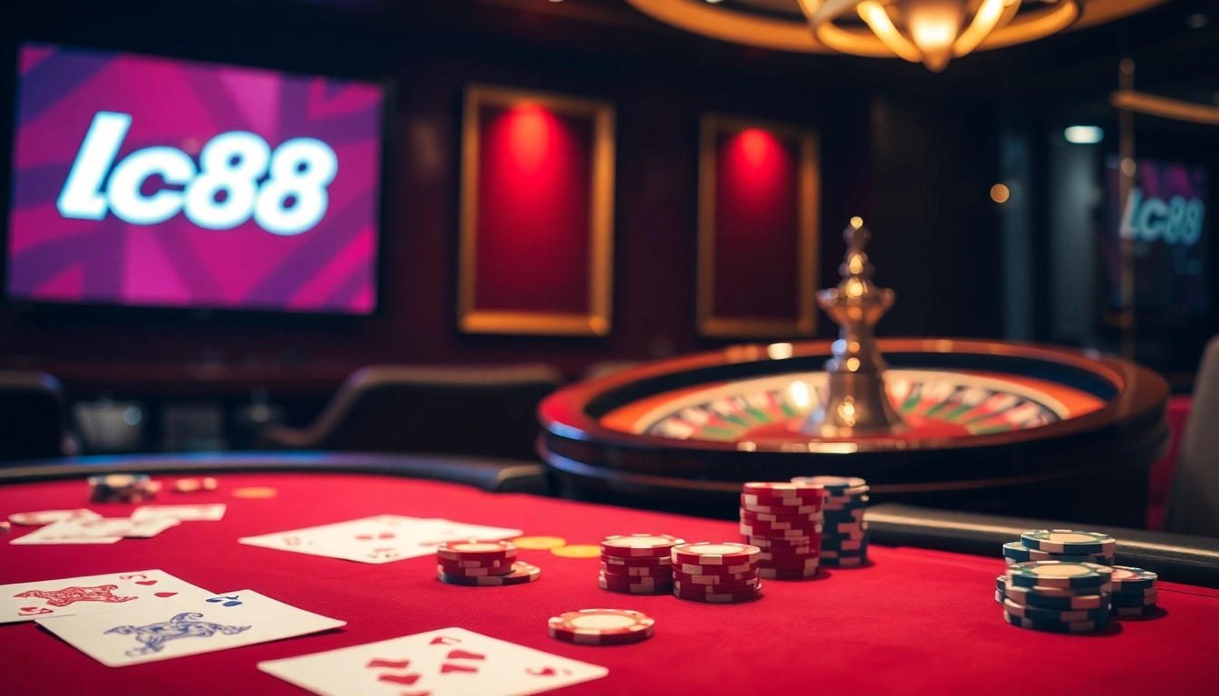 Players strategizing at the Lc88 poker table, showcasing chips and cards.