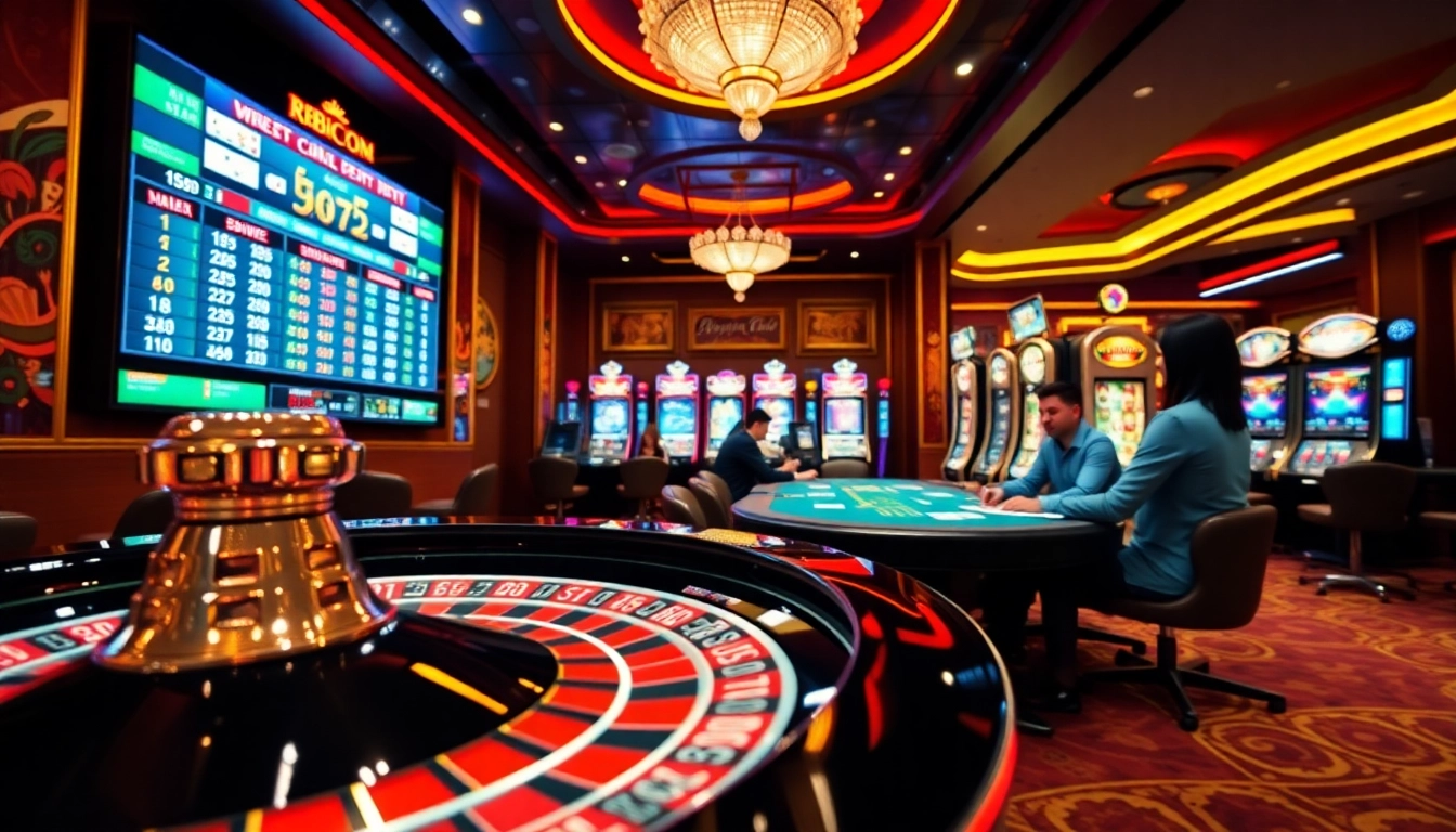 Experience the thrill of gambling with rr88 com in this luxurious casino setting featuring roulette and poker games.